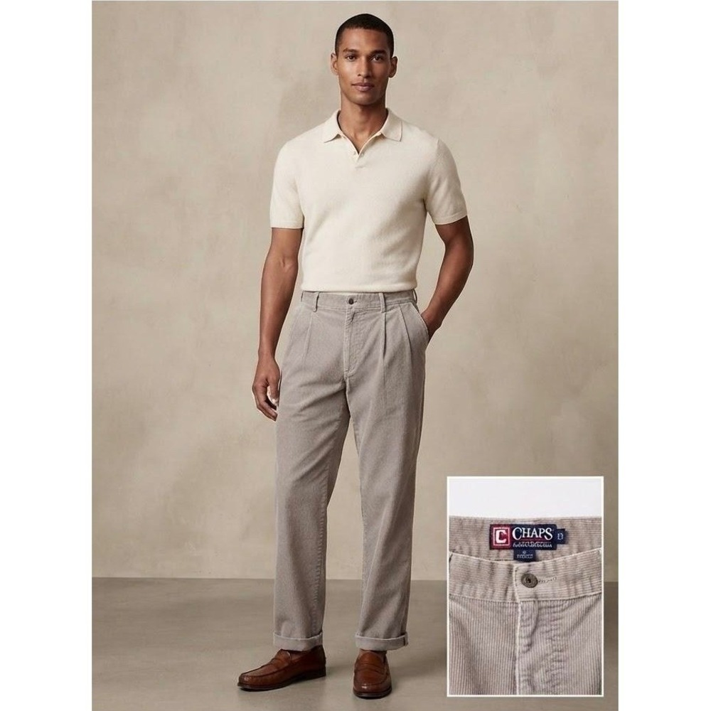 Chaps Ralph Lauren Mens Pleated Corduroy Pants Tan Beige 38x30 Wide Leg Vintage
